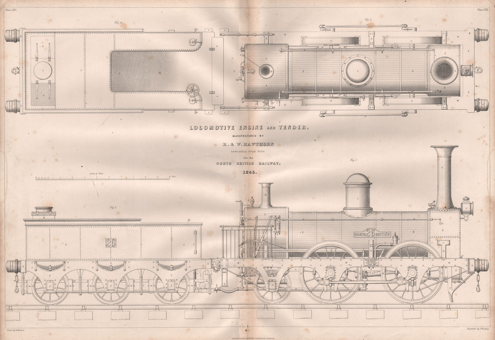 19C ENGINEERING DRAWING. Locomotive engine & tender. North British Railway 1847